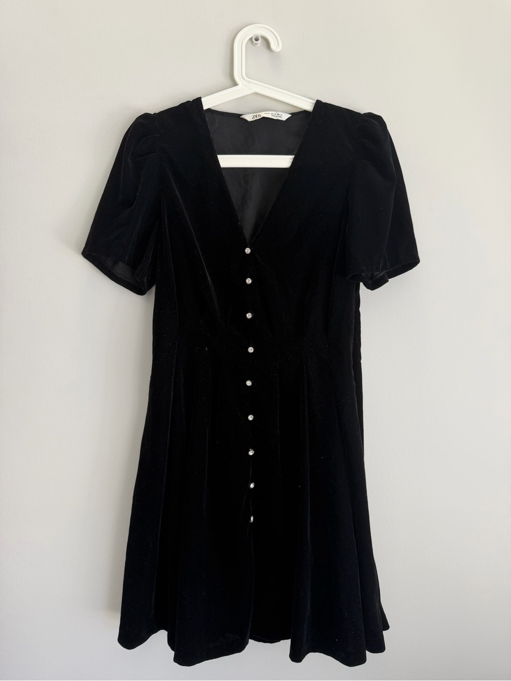 Zara Black Velvet Midi Dress with Pearl Buttons